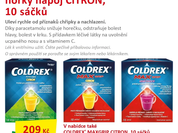 Coldrex horský nápoj Citron s akční cenou 209Kč.